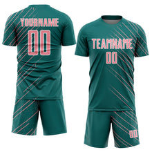 Загрузить изображение в средство просмотра галереи, Custom Teal Medium Pink-White Lines Sports Sublimation Soccer Uniform Jersey