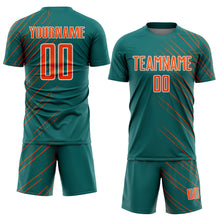 Laden Sie das Bild in den Galerie-Viewer, Custom Teal Orange-White Lines Sports Sublimation Soccer Uniform Jersey