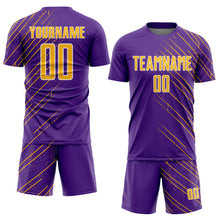 Laden Sie das Bild in den Galerie-Viewer, Custom Purple Gold-White Lines Sports Sublimation Soccer Uniform Jersey