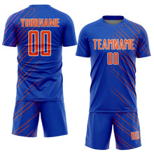 Load image into Gallery viewer, Custom Thunder Blue Orange-White Lines Sports Sublimation Soccer Uniform Jersey