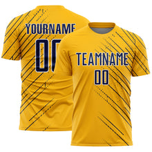 Laden Sie das Bild in den Galerie-Viewer, Custom Gold Navy-White Lines Sports Sublimation Soccer Uniform Jersey