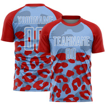 Laden Sie das Bild in den Galerie-Viewer, Custom Red Light Blue-White Animal Leopard Print Sports Sublimation Soccer Uniform Jersey