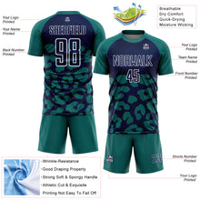 Laden Sie das Bild in den Galerie-Viewer, Custom Teal Navy-White Animal Leopard Print Sports Sublimation Soccer Uniform Jersey
