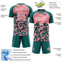 Laden Sie das Bild in den Galerie-Viewer, Custom Teal Medium Pink-White Animal Leopard Print Sports Sublimation Soccer Uniform Jersey