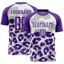 Laden Sie das Bild in den Galerie-Viewer, Custom Purple White Animal Leopard Print Sports Sublimation Soccer Uniform Jersey