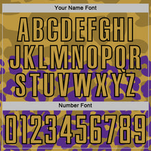 Laden Sie das Bild in den Galerie-Viewer, Custom Purple Old Gold-Black Animal Leopard Print Sports Sublimation Soccer Uniform Jersey