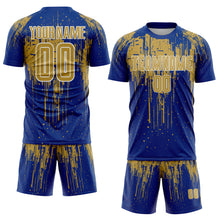 Загрузить изображение в средство просмотра галереи, Custom Royal Old Gold-White Dripping Splatte Pattern Sports Sublimation Soccer Uniform Jersey