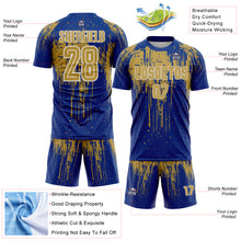 Загрузить изображение в средство просмотра галереи, Custom Royal Old Gold-White Dripping Splatte Pattern Sports Sublimation Soccer Uniform Jersey