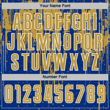 Загрузить изображение в средство просмотра галереи, Custom Royal Old Gold-White Dripping Splatte Pattern Sports Sublimation Soccer Uniform Jersey