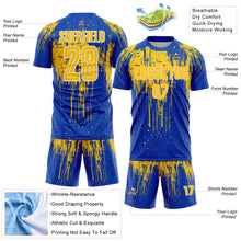 Load image into Gallery viewer, Custom Thunder Blue Yellow-White Dripping Splatte Pattern Sports Sublimation Soccer Uniform Jersey
