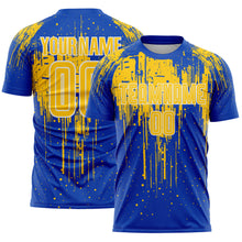 Load image into Gallery viewer, Custom Thunder Blue Yellow-White Dripping Splatte Pattern Sports Sublimation Soccer Uniform Jersey