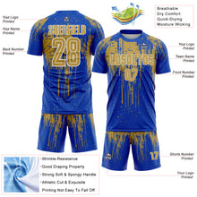Load image into Gallery viewer, Custom Thunder Blue Old Gold-White Dripping Splatte Pattern Sports Sublimation Soccer Uniform Jersey