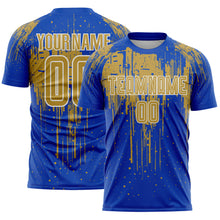 Load image into Gallery viewer, Custom Thunder Blue Old Gold-White Dripping Splatte Pattern Sports Sublimation Soccer Uniform Jersey