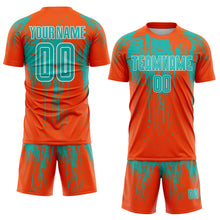 Загрузить изображение в средство просмотра галереи, Custom Orange Aqua-White Dripping Splatte Pattern Sports Sublimation Soccer Uniform Jersey
