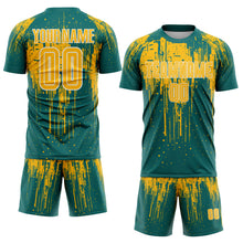 Загрузить изображение в средство просмотра галереи, Custom Teal Gold-White Dripping Splatte Pattern Sports Sublimation Soccer Uniform Jersey