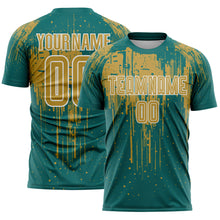 Загрузить изображение в средство просмотра галереи, Custom Teal Old Gold-White Dripping Splatte Pattern Sports Sublimation Soccer Uniform Jersey