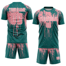 Laden Sie das Bild in den Galerie-Viewer, Custom Teal Medium Pink-White Dripping Splatte Pattern Sports Sublimation Soccer Uniform Jersey