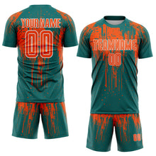 Laden Sie das Bild in den Galerie-Viewer, Custom Teal Orange-White Dripping Splatte Pattern Sports Sublimation Soccer Uniform Jersey