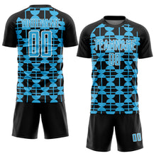 Load image into Gallery viewer, Custom Black Sky Blue-White Geometric Shapes Sports Sublimation Soccer Uniform Jersey