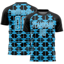 Load image into Gallery viewer, Custom Black Sky Blue-White Geometric Shapes Sports Sublimation Soccer Uniform Jersey