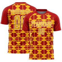 Laden Sie das Bild in den Galerie-Viewer, Custom Red Gold-White Geometric Shapes Sports Sublimation Soccer Uniform Jersey