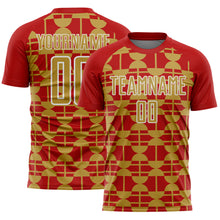 Laden Sie das Bild in den Galerie-Viewer, Custom Red Old Gold-White Geometric Shapes Sports Sublimation Soccer Uniform Jersey