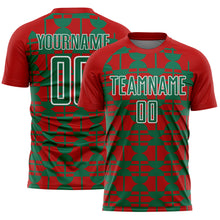 Laden Sie das Bild in den Galerie-Viewer, Custom Red Kelly Green-White Geometric Shapes Sports Sublimation Soccer Uniform Jersey