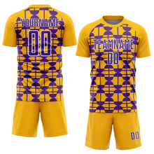 Load image into Gallery viewer, Custom Gold Purple-White Geometric Shapes Sports Sublimation Soccer Uniform Jersey