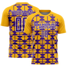 Load image into Gallery viewer, Custom Gold Purple-White Geometric Shapes Sports Sublimation Soccer Uniform Jersey