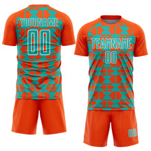 Load image into Gallery viewer, Custom Orange Aqua-White Geometric Shapes Sports Sublimation Soccer Uniform Jersey