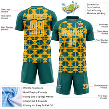 Загрузить изображение в средство просмотра галереи, Custom Teal Gold-White Geometric Shapes Sports Sublimation Soccer Uniform Jersey