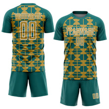 Загрузить изображение в средство просмотра галереи, Custom Teal Old Gold-White Geometric Shapes Sports Sublimation Soccer Uniform Jersey