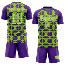 Laden Sie das Bild in den Galerie-Viewer, Custom Purple Neon Green-White Geometric Shapes Sports Sublimation Soccer Uniform Jersey