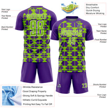 Laden Sie das Bild in den Galerie-Viewer, Custom Purple Neon Green-White Geometric Shapes Sports Sublimation Soccer Uniform Jersey