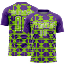 Laden Sie das Bild in den Galerie-Viewer, Custom Purple Neon Green-White Geometric Shapes Sports Sublimation Soccer Uniform Jersey