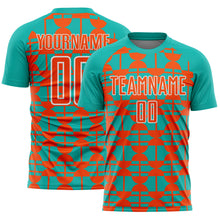 Laden Sie das Bild in den Galerie-Viewer, Custom Aqua Orange-White Geometric Shapes Sports Sublimation Soccer Uniform Jersey