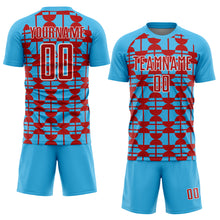 Laden Sie das Bild in den Galerie-Viewer, Custom Sky Blue Red-White Geometric Shapes Sports Sublimation Soccer Uniform Jersey