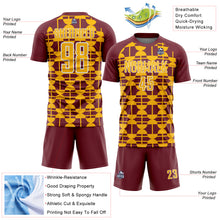 Laden Sie das Bild in den Galerie-Viewer, Custom Burgundy Gold-White Geometric Shapes Sports Sublimation Soccer Uniform Jersey