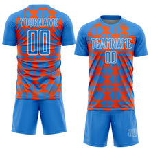 Laden Sie das Bild in den Galerie-Viewer, Custom Powder Blue Orange-White Geometric Shapes Sports Sublimation Soccer Uniform Jersey