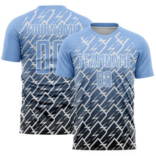 Laden Sie das Bild in den Galerie-Viewer, Custom Light Blue Black-White Lightning Sports Sublimation Soccer Uniform Jersey
