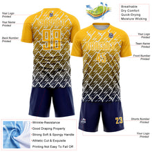Laden Sie das Bild in den Galerie-Viewer, Custom Gold Navy-White Lightning Sports Sublimation Soccer Uniform Jersey