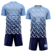 Laden Sie das Bild in den Galerie-Viewer, Custom Light Blue Navy-White Lightning Sports Sublimation Soccer Uniform Jersey