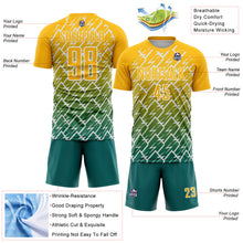 Laden Sie das Bild in den Galerie-Viewer, Custom Gold Teal-White Lightning Sports Sublimation Soccer Uniform Jersey