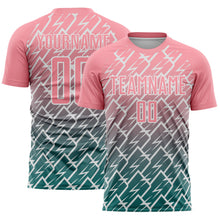Laden Sie das Bild in den Galerie-Viewer, Custom Medium Pink Teal-White Lightning Sports Sublimation Soccer Uniform Jersey