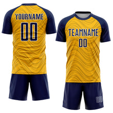 Laden Sie das Bild in den Galerie-Viewer, Custom Gold Navy-White Wavy Lines Sports Sublimation Soccer Uniform Jersey