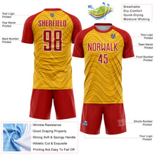 Laden Sie das Bild in den Galerie-Viewer, Custom Gold Red-White Wavy Lines Sports Sublimation Soccer Uniform Jersey