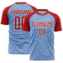 Laden Sie das Bild in den Galerie-Viewer, Custom Light Blue Red-White Wavy Lines Sports Sublimation Soccer Uniform Jersey