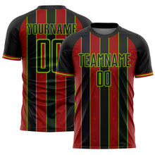 Load image into Gallery viewer, Custom Black Red-Neon Green Pinstripe Line Sports Sublimation Soccer Uniform Jersey