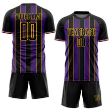 Load image into Gallery viewer, Custom Black Purple-Gold Pinstripe Line Sports Sublimation Soccer Uniform Jersey