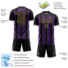 Load image into Gallery viewer, Custom Black Purple-Old Gold Pinstripe Line Sports Sublimation Soccer Uniform Jersey